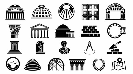 Collection of architectural and historical icons in black. © PS STOCK