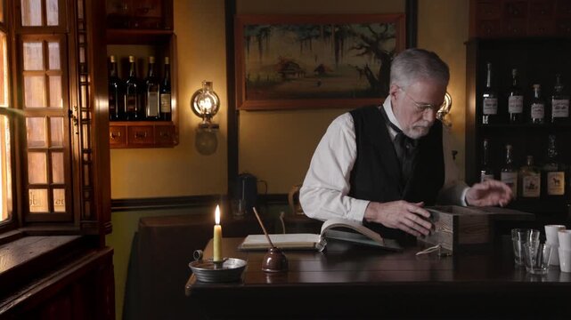 Saloon Keeper opens money box counts paper money