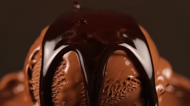 Chocolate ice cream scoop with liquid syrup drizzled over