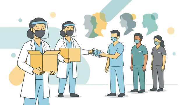 Healthcare workers distribute masks and supplies, symbolizing public health and community care during a pandemic.