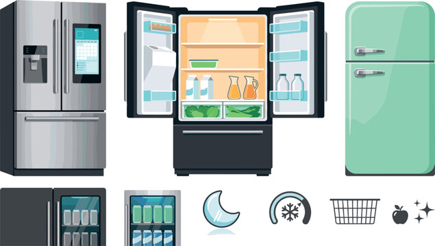 Kitchen storage sticker pack with smart refrigerator, open fridge with food, and retro fridge vectors