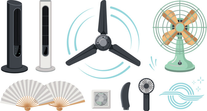 Summer cooling appliances sticker pack with tower fan, ceiling fan, retro table fan, and hand fan vectors