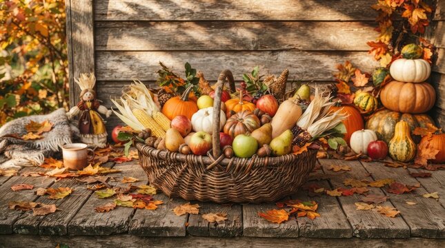 Abundant thanksgiving day harvest basket with pumpkins fruits and autumn decor