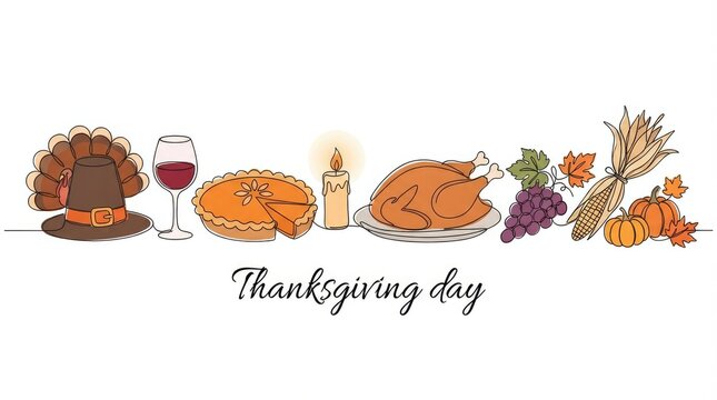 Thanksgiving day feast turkey pie and autumn decorations line art