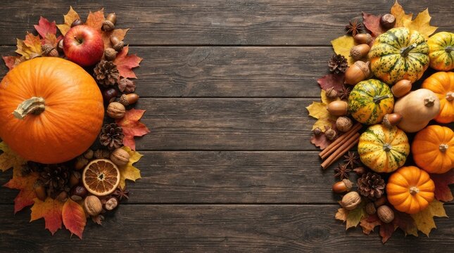 Festive thanksgiving day arrangement with pumpkins fruits and autumn foliage