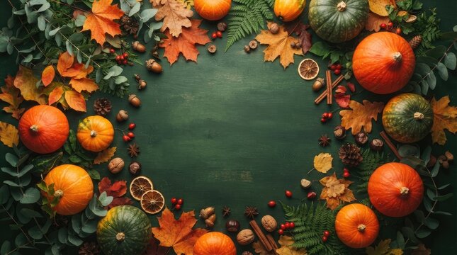Festive thanksgiving day arrangement pumpkins leaves and autumn decor