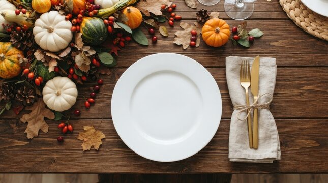 Festive thanksgiving day table setting with pumpkins and autumn decor