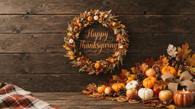 Festive thanksgiving day wreath with pumpkins and autumn decor for holiday celebrations