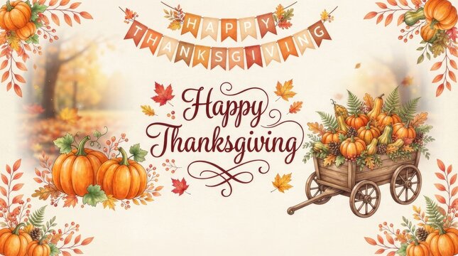 Happy thanksgiving day festive autumn harvest with pumpkins and bunting banner