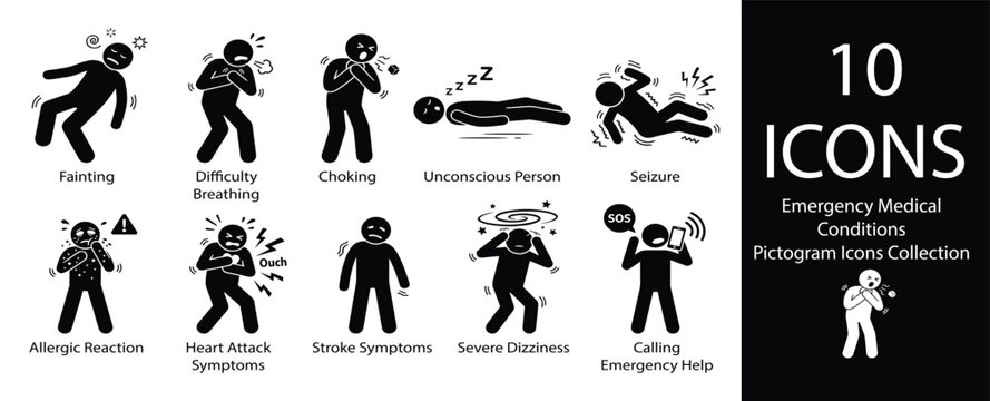 10 emergency medical conditions pictogram icon set featuring fainting, difficulty breathing, choking, seizure, allergic reaction, heart attack, stroke symptoms, dizziness, calling emergency help.
