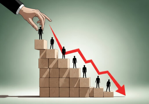 Business performance decline and layoff concept with red downward arrow and miniature human figures standing on wooden block graph stairs.