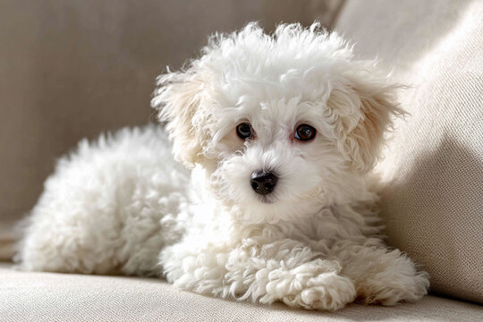 ソファでくつろぐかわいいビションフリーゼの子犬