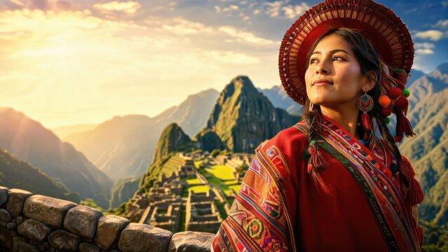 Woman wearing traditional Peruvian clothing standing at Machu Picchu during sunrise. Celebration of Fiestas Patrias in Peru. Andean culture and heritage. Travel and tourism in South America.