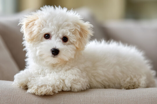 ふわふわの白い毛が愛らしいビションフリーゼの子犬