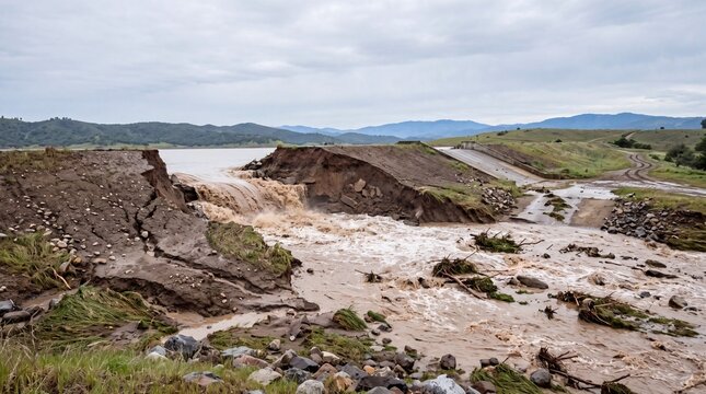 Severe flood destruction with a collapsed dam spillway and rushing muddy water cutting through the landscape