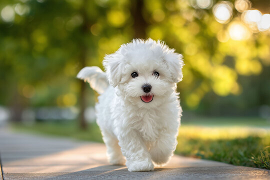 小さな足で公園の道を歩くビションフリーゼの子犬