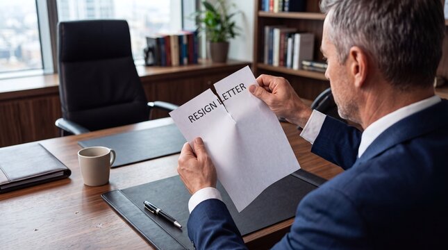 Businessman ripping a resign letter in the office