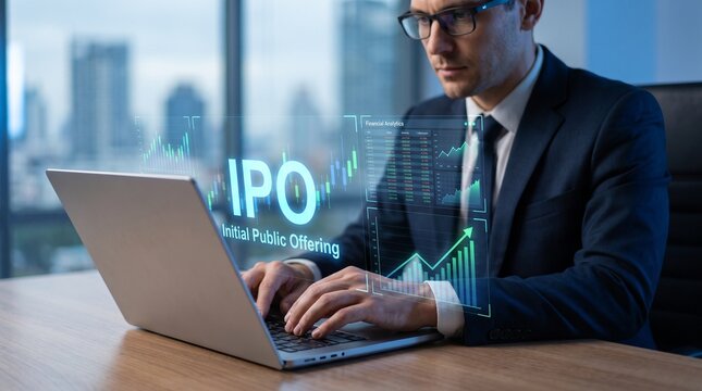 Business executive analyzing IPO data on laptop with holographic charts. Professional man reviewing financial projections using augmented reality t...