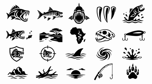 Black and white fish and marine life icons set.