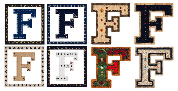 Textile. Letters. Embroidery. Fabrics. Colorful Patterns. Isolated on transparent background