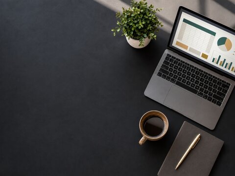 Vista superior de espacio de trabajo para presupuesto empresarial con laptop y caf&eacute;