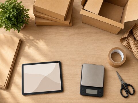 Vista superior de mesa de empaquetado ecommerce con cajas de env&iacute;o sin marca