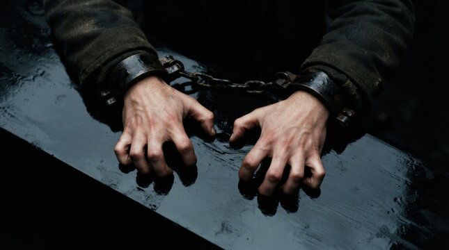 Close-up of Hands in Shackles on Dark Background