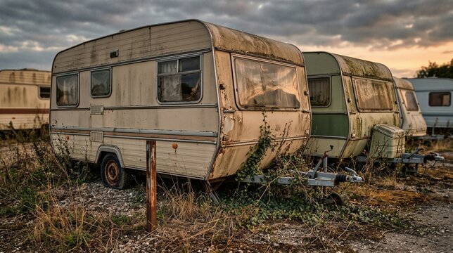 Old abandoned caravans parked in a field at sunset. Discarded motorhome graveyard showing signs of decay. Travel and camping lifestyle concept after the season. Vintage vehicle ruin.