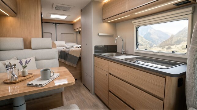 Modern interior of luxury motorhome with cozy dining area and compact kitchen. Stylish camper van equipment for comfortable living and adventure travel. Scenic mountain view from window.