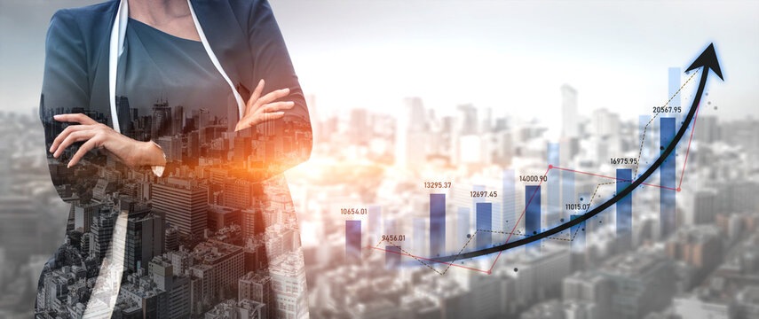 A confident businesswoman stands with arms crossed, paired with dynamic financial graphs revealing significant growth trends against a modern city skyline backdrop. Scalp