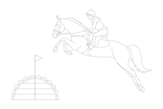 Equestrian rider jumping a horse over a cross country obstacle in clean black outline illustration