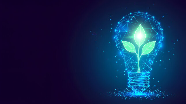 Futuristic Green Technology and Renewable Energy Concept with Glowing Digital Plant Lightbulb for Sustainable Eco Innovation