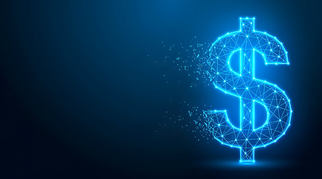 Glowing Digital Finance Dollar Sign Wireframe Illustration for Global Economy and Fintech Concepts