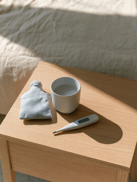 White mug digital thermometer hot water bottle bedside table flu care still life soft sunlight minimal composition