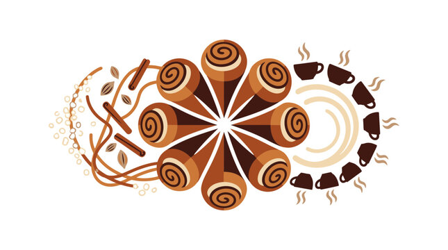 Cinnamon Roll Flower Pattern with Coffee and Spice Elements