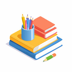 Fototapeta premium Stack of books and pencil holder with colorful pencils, illustration