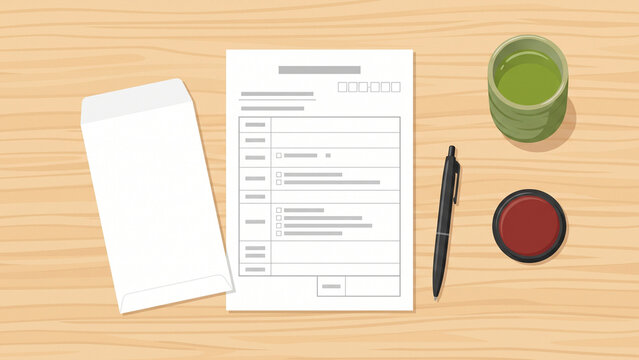 Workspace Flatlay with Document, Beverages, and Pen on Wooden Desk