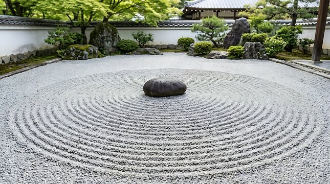 A peaceful zen garden with raked sand patterns and a central stone in a traditional temple yard