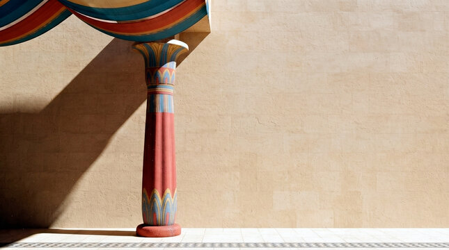 Colorful ancient Egyptian column against a stone wall with shadows