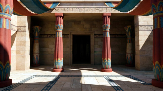 Ancient Egyptian temple entrance with colorful columns and hieroglyphs