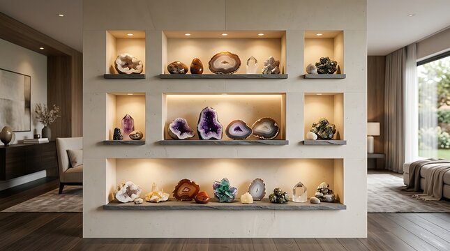 Luxury modern interior with a curated crystal and geode wall display