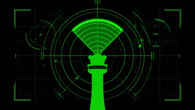 Green radar tower scanning on digital screen display