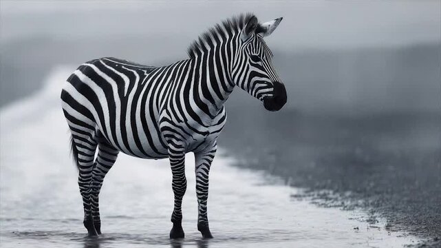 A grayscale image showcases a zebra standing in water, serene scene, simple background