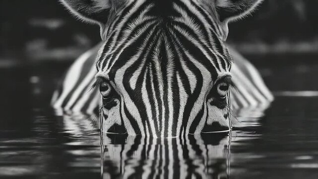 A close-up, black and white image of a zebra's face partially submerged in water