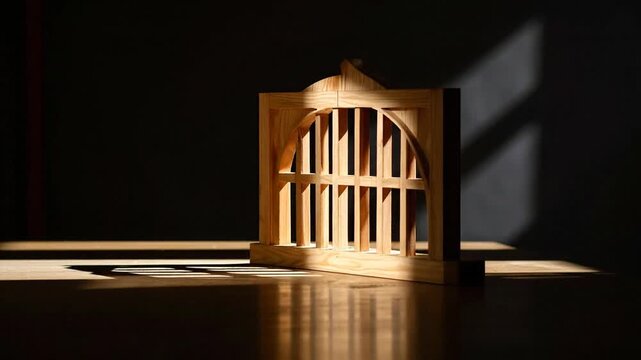 A small wooden arched gate model sits on a table with dramatic light
