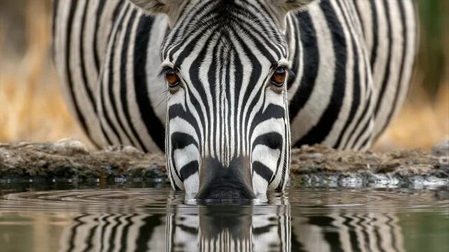 A close-up of a zebra drinking from a body of water, reflected in the surface