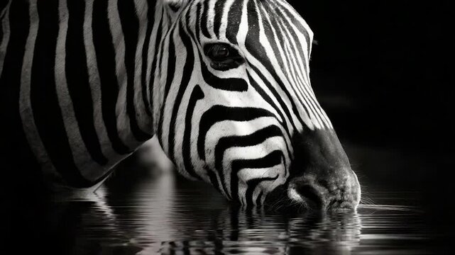 Close-up of a zebra's head, drinking from water with perfect reflections in monochrome
