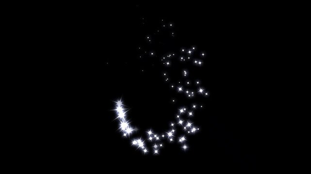 Magic glitter sparkle line, white glowing fairy stars, shining bokeh burst, fantasy light streak animation, seamless transition overlay on black screen background, smooth particle motion 4k