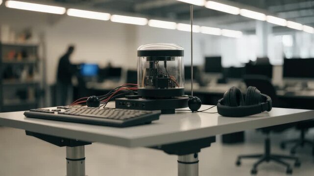 Medium shot of adjustable desk at assistive technology research station featuring a screen reader device with blurred background for accessibility testing.