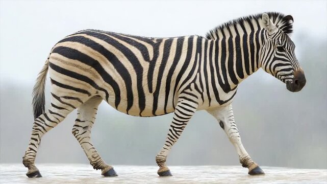 A zebra with distinctive black and white stripes walks through water in a natural setting